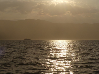 Log barge, sunrise, Texada