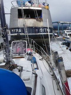 Bosun Bird on the hard <br>in the snow, March 2017
