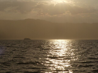 Log barge, sunrise, Texada